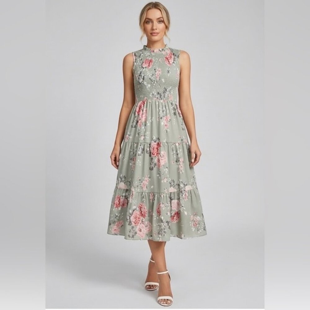 Boho Floral Shirred  Midi Dress – Sage Green & Rose